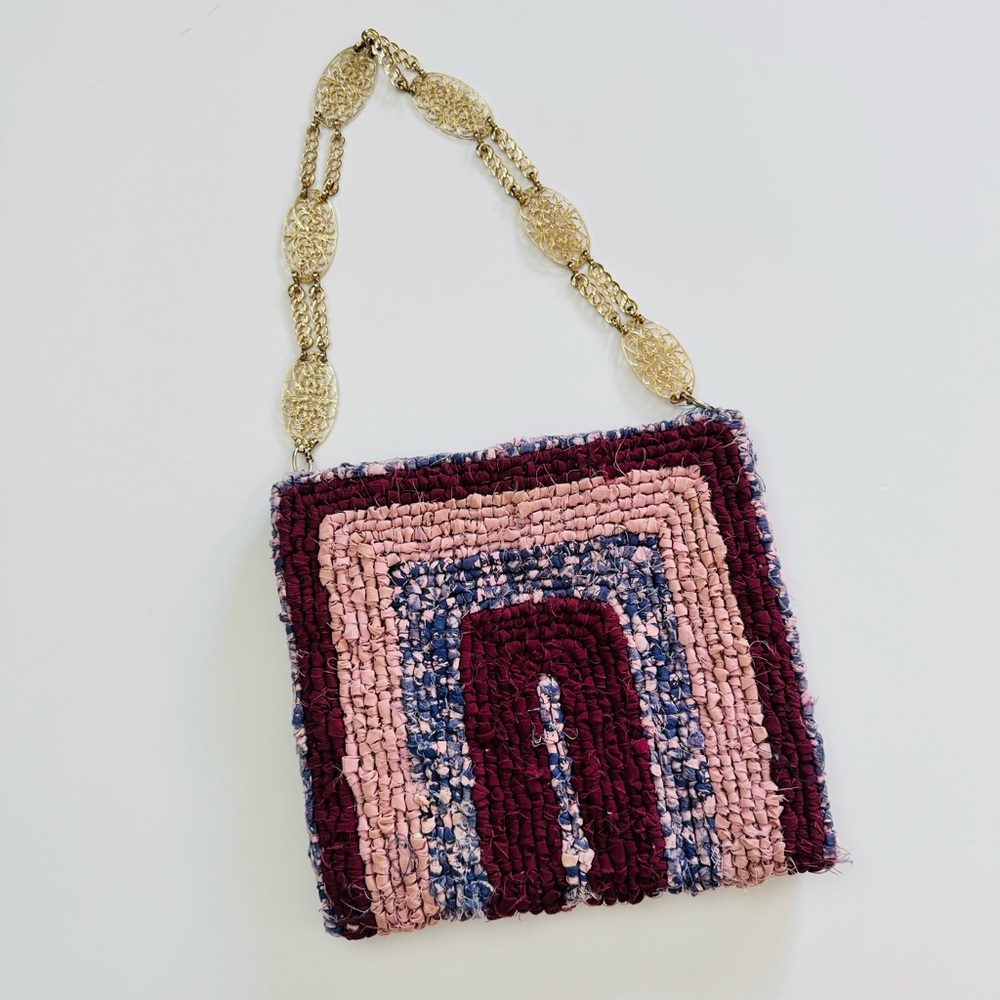 Handmade Woven Rainbow Clutch Bag with Gold Chain Handle